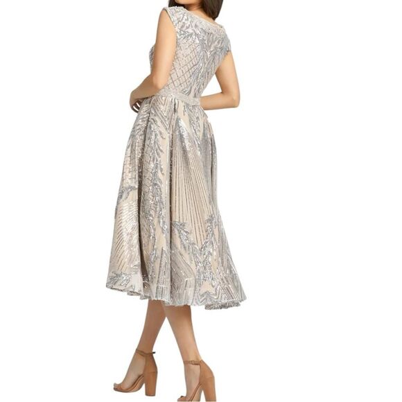 Mac Duggal 4 Nude Silver Cap Sleeve V Neck Midi Gown Art Deco Tea Length 67533 - Picture 10 of 16